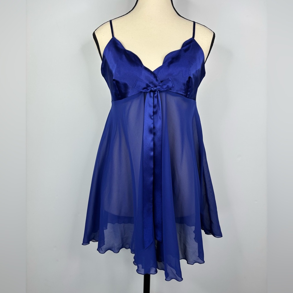 Victoria's Secret Royal Blue Satin Chiffon Coquette Babydoll Bow Nightie Small - Picture 9 of 9